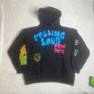 2020 rolling loud men's black aop back sleeve hit embroidered hoodie hiphop‎ xl